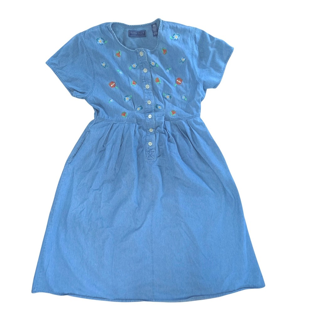 Vintage Karen Scott Cottagecore Embroidered Denim Dress L Cotton 90s Butter Mom
